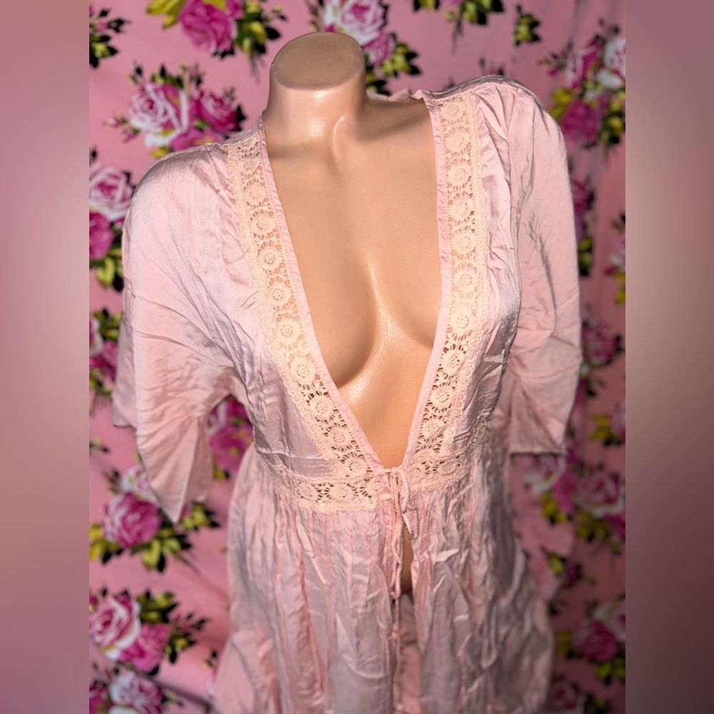peach cover up tunic kaftan kimono sleeve dress long robe tie bohemian boho y2